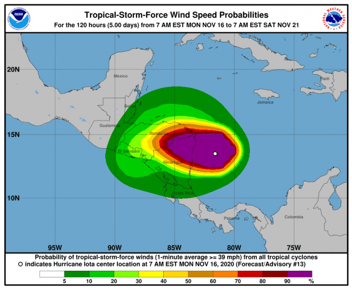 'Iota' ya es un poderoso huracán categoría 5