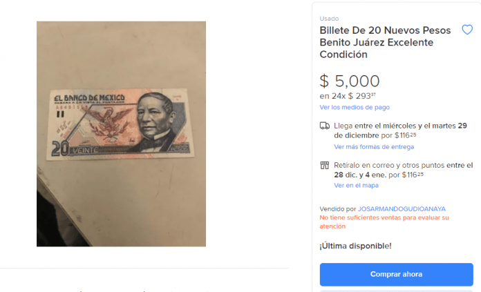 Billete de 20 pesos se vende hasta en 5 mil pesos en internet