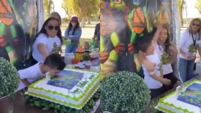 Niño enfurece con su tía que lo aventó al pastel ( video)
