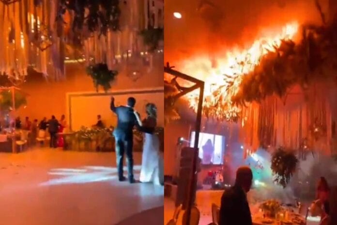 En pleno baile de novios pirotecnia provoca incendio en una boda (VIDEO)