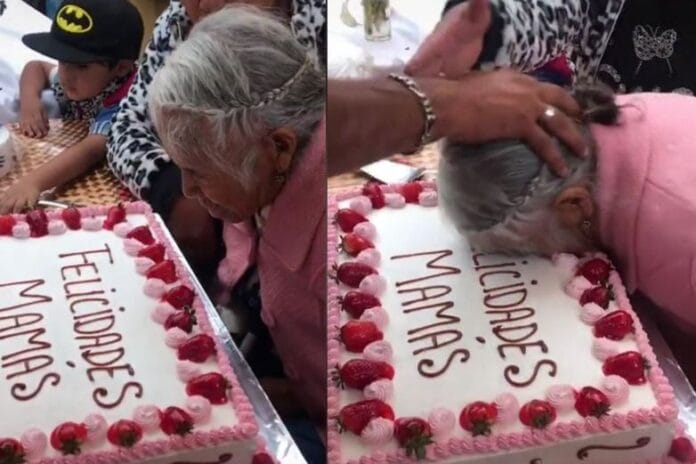 Empuja a abuelita en pastel del 10 de mayo y lo critican en redes (VIDEO)