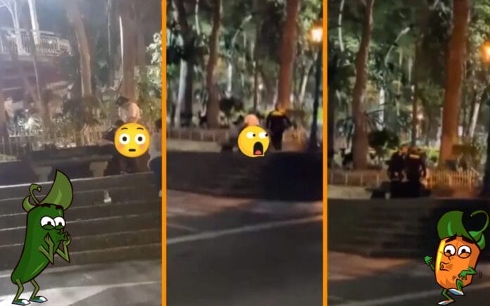 Polis sorprenden a tortolitos teniendo intimidad en pleno Parque Principal (VIDEO)