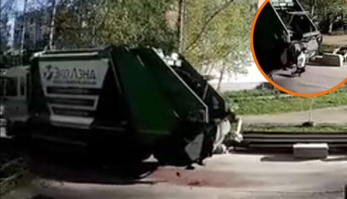 Abuelita "explotó" tras ser aplastada por camión de basura (VIDEO MUY FUERTE)